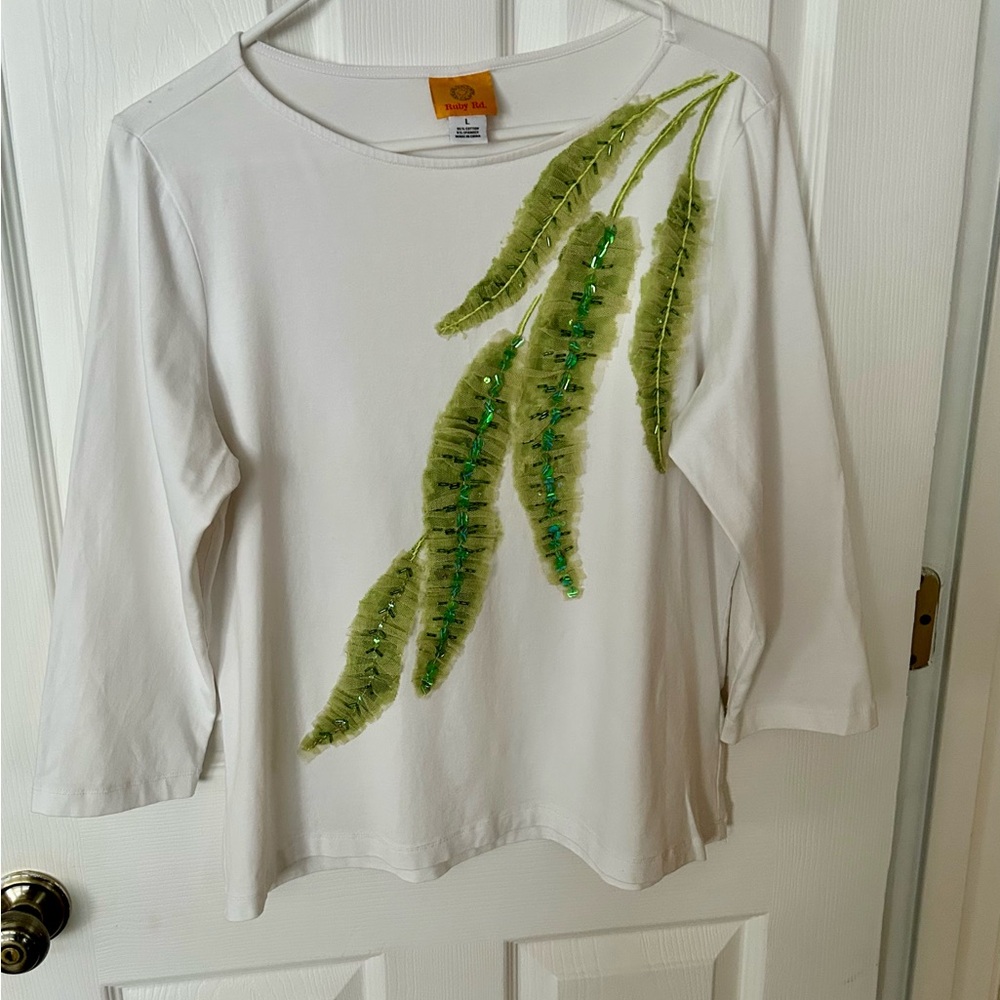 Ruby Rd. Green & White Long Sleeve Tee